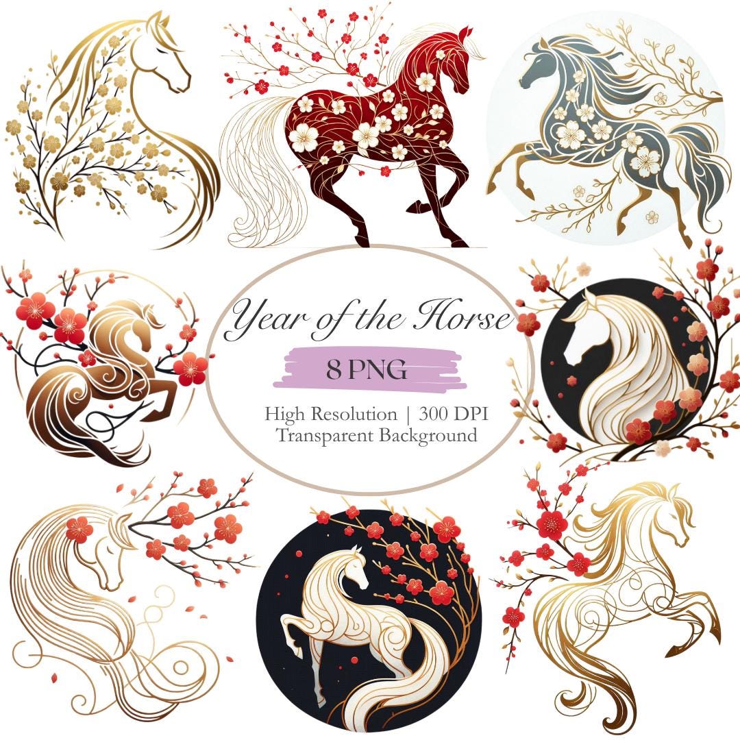 Year of the Horse Floral Clipart Bundle, Lunar New Year 2026 Horse PNG ...