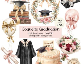 Coquette Graduation Clipart Bundle, Watercolor Feminine Graduation PNG, Grad Cap Gown Diploma Balloons Graphics Printable, Commercial Use