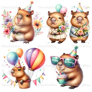 Kawaii Capybara Birthday Clipart Bundle Watercolor Cute Animal Party Illustrations Printable Capybara Celebration Decor Commercial License image 4