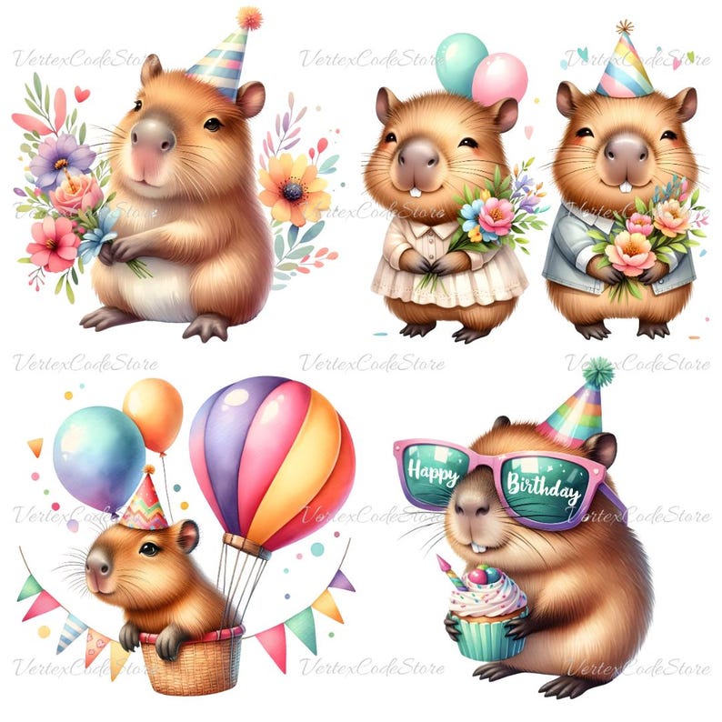 Kawaii Capybara Birthday Clipart Bundle Watercolor Cute Animal Party Illustrations Printable Capybara Celebration Decor Commercial License image 4