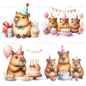 Kawaii Capybara Birthday Clipart Bundle Watercolor Cute Animal Party Illustrations Printable Capybara Celebration Decor Commercial License image 6