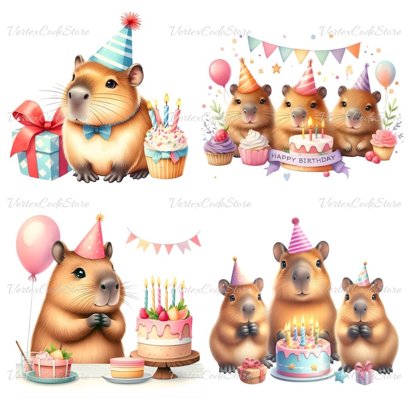 Kawaii Capybara Birthday Clipart Bundle Watercolor Cute Animal Party Illustrations Printable Capybara Celebration Decor Commercial License image 6