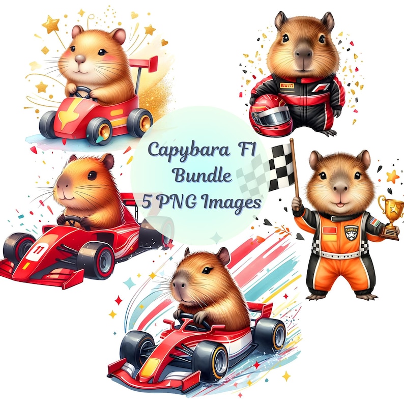 Capybara Racing Capybara F1 Clipart Bundle Watercolor Capybara Boy Racer 5 PNG Images ...