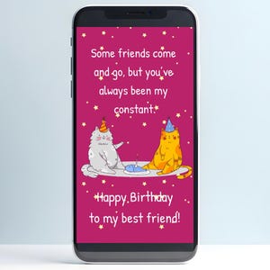 Tarjeta electrónica animada de feliz cumpleaños con un gato. Tarjeta de felicitación virtual con un animalito adorable para tu mejor amigo. Video de cumpleaños. Descarga instantánea. MP4 PNG.