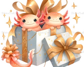 Kawaii Axolotl Birthday Clipart Pastel Axolotls in Gift Box Kawaii Amphibian PNG for Craft, Party Decor, Sublimation Digital Download