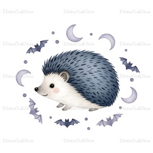 May include: A watercolor illustration of a hedgehog with blue quills and a white face, surrounded by crescent moons and bats. The design has a whimsical, Halloween theme. The image is on a white background.