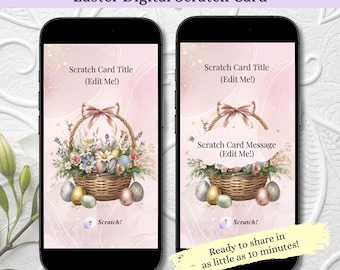 Custom Easter Digital Scratch Card, Online Scratch to Reveal with Easter Basket, Pastel Holiday Surprise Greeting Card, Easter Eggs Flowers