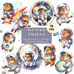 May include: A collection of watercolor illustrations featuring capybaras dressed as astronauts. The capybaras are depicted in various poses, including floating in space, holding a flag, and holding a globe. The image includes the text "Astronaut Capybara".