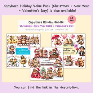 Capybara Christmas Clipart Bundle Watercolor Kawaii Capybara PNG Images Cute Animal Illustration Digital Download Transparent Background image 7