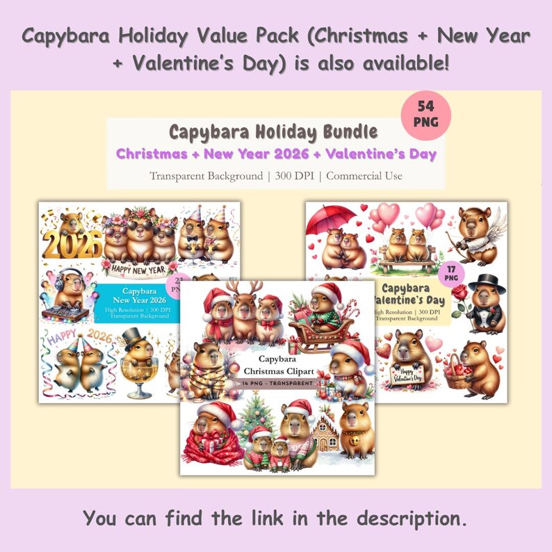 Capybara Christmas Clipart Bundle Watercolor Kawaii Capybara PNG Images Cute Animal Illustration Digital Download Transparent Background image 7