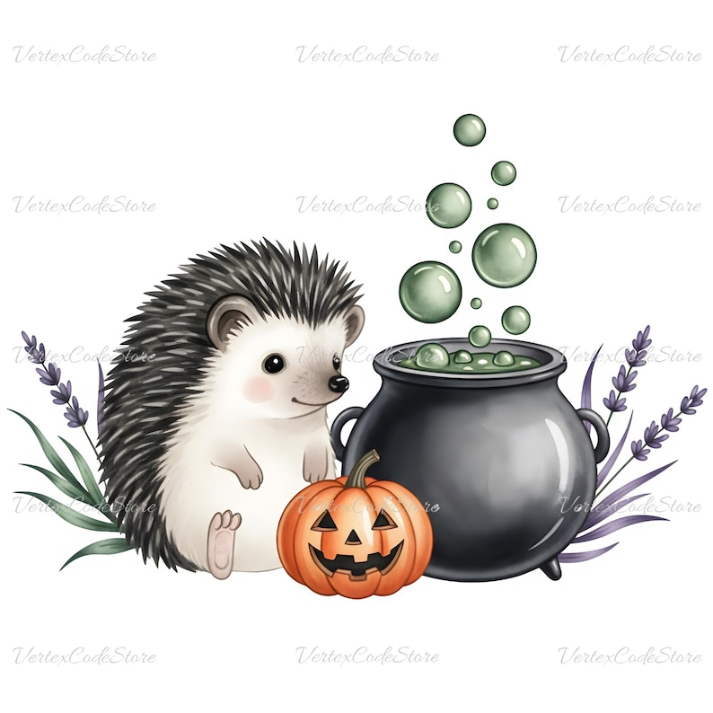 May include: A whimsical Halloween illustration featuring a cute hedgehog with a black and white spiky coat, a jack-o'-lantern, and a bubbling cauldron. Lavender sprigs and green bubbles complete the design. The image has the text "Vertex Code Store".