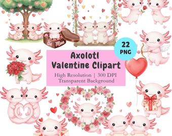 Imágenes prediseñadas de ajolotes kawaii para San Valentín, ilustración romántica de un tierno animal rosa, imágenes PNG imprimibles de una pareja de ajolotes enamorados, licencia comercial