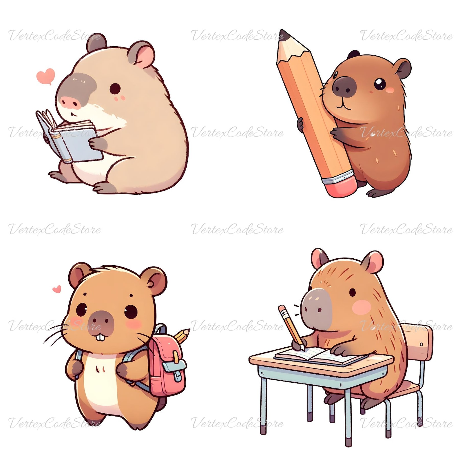 Kawaii Capybara School Clipart Bundle Cute Animal Back to School PNG ...