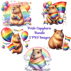 Ensemble transparent de cliparts du mois de la fierté de Capybara Images d'animaux avec des drapeaux arc-en-ciel, des ballons Éléments LGBTQ+ Aquarelle Capy 5 PNG