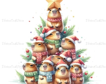 Cute Capybara Christmas Clipart Watercolor Animal Winter Holiday PNG Printable Rodents with Santa Hat Digital Download Kawaii Illustration