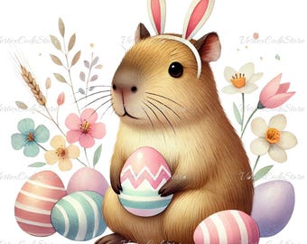 Kawaii Capybara Easter Clipart, Watercolor Capybara with Bunny Ears PNG, Cute Animal Pastel Illustration Printable, Commercial Use