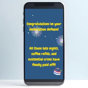 Animierte Feier Dissertationsverteidigung E-Karte, lustige virtuelle PhD-Glückwunschkarte, digitale Doktoranden-Grad-Nachricht, sofortiger Download