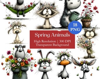 Whimsical Spring Animal Clipart Bundle, Watercolor Quirky Animal with Flowers PNG, Printable Cute Graphics, Commercial License