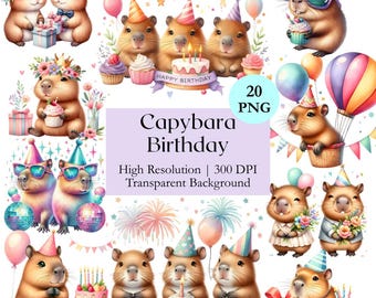 Kawaii Capybara Birthday Clipart Bundle Watercolor Cute Animal Party Illustrations Printable Capybara Celebration Decor Commercial License