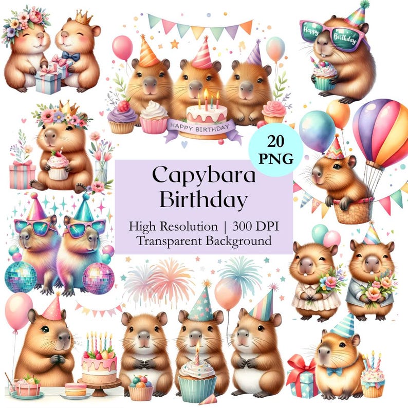 watercolor clipart of capybara in birthday theme. Kawaii capybara birthday PNG. digital download.