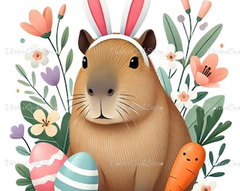 Easter Cute Capybara PNG Capybara Watercolor Transparent Capybara Clipart Instant Download Capy Illustration Colorful Easter Design