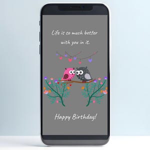 Carte virtuelle animée d'anniversaire de couple avec des hiboux - voeux virtuels de mignons tourtereaux - La vie est meilleure avec vous - Téléchargement numérique MP4 et PNG