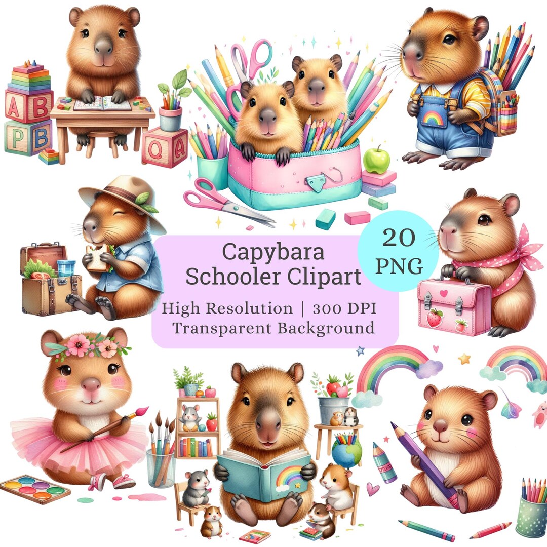 Capybara Schooler Clipart Bundle Watercolor Animal Preschool ...