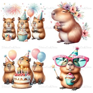 Kawaii Capybara Birthday Clipart Bundle Watercolor Cute Animal Party Illustrations Printable Capybara Celebration Decor Commercial License image 3