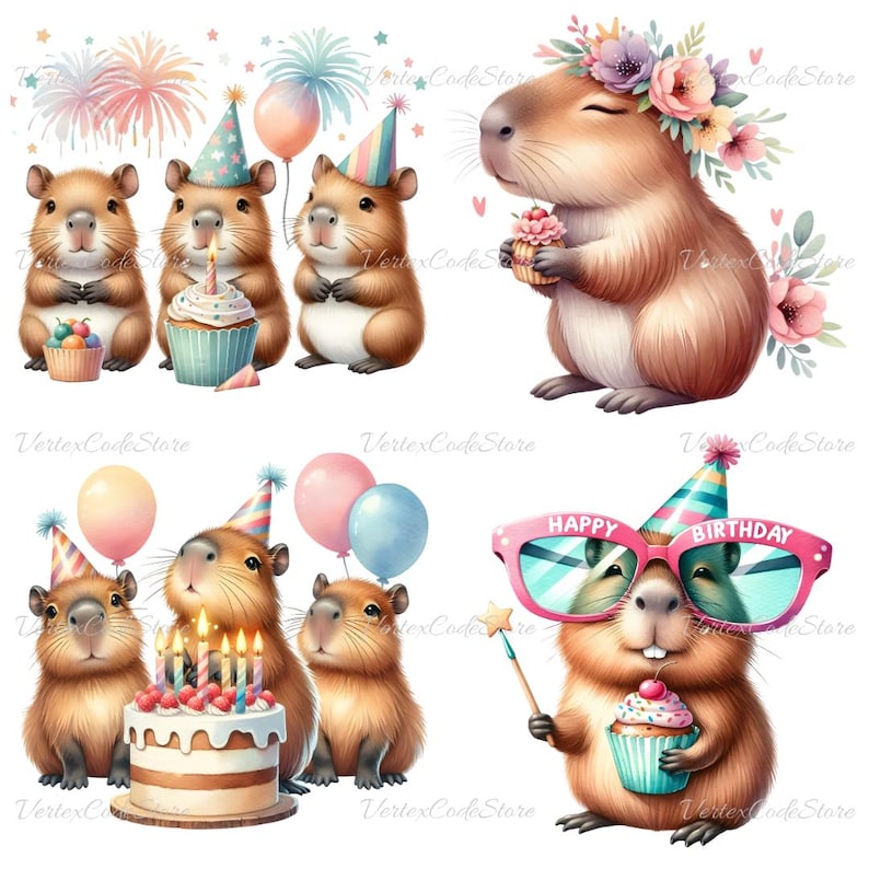 Kawaii Capybara Birthday Clipart Bundle Watercolor Cute Animal Party Illustrations Printable Capybara Celebration Decor Commercial License image 3