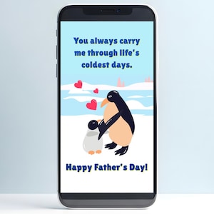 Tarjeta animada del Día del Padre para papá: Abrazo de pingüino tierno. Tarjeta electrónica de animales MP4 PNG. Descarga instantánea. Tarjeta virtual para esposo o abuelo.
