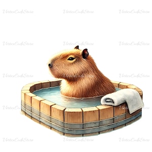 May include: A brown and tan capybara relaxes in a wooden tub filled with water. A white towel is placed on the edge of the tub.
