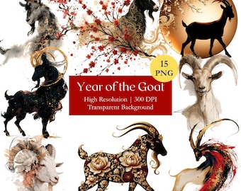 Year of the Goat Clipart Bundle, Lunar New Year 2027 Abstract Goat Graphic PNG, Chinese New Year Illustration, Commercial License