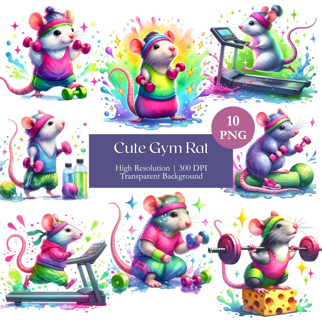 Cute Gym Rat Clipart Bundle Watercolor Animal Fitness PNG Printable ...
