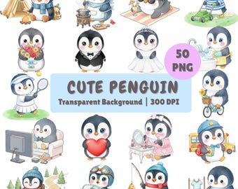 Watercolor Cute Penguin Clipart, Kawaii Animal Daily Activities PNG Images, Transparent Background, Printable Penguin Digital Download