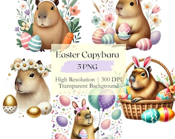 Cute Easter Capybara 5 PNG Bundle Watercolor Funny Capybara Clipart Set Pastel Spring Animal Illustrations Printable Commercial License