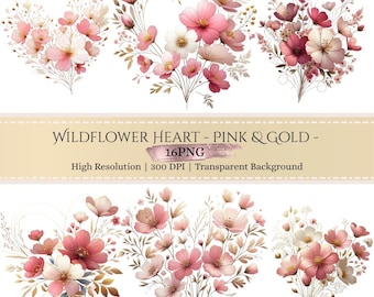 Wildflower Heart Shape Clipart Bundle, Pink and Gold Romantic Floral PNG, Luxury Printable Flowers for Wedding, Valentine's Day, Birthday