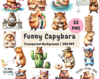 Funny Capybara Clipart Mega Bundle, Watercolor Funny Animal 53 PNG Set, Transparent Background, Commercial Use