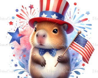 Capybara 4th of July Clipart Baby Animal Independence Day PNG Watercolor Patriotic Capy Illustration American Flag Image US Party Supply