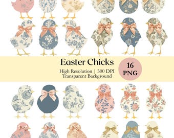 Watercolor Easter Chicks Clipart Bundle, Bird Silhouette with Bow PNG, Floral Pattern Chicks Printable Digital Download, Commercial License