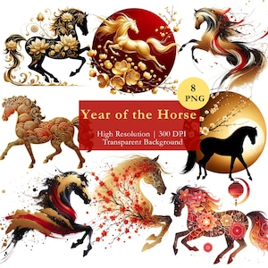 Puede incluir: Una colección de ocho imágenes PNG con caballos estilizados. Los caballos se representan en varios estilos artísticos, con esquemas de color dorado, rojo y negro. Se muestra el texto "Year of the Horse", junto con detalles sobre la resolución y el fondo.