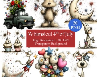 20 PNG Whimsical 4th of July, Watercolor Cute Independence Day Clipart Bundle, Printable Patriotic Nursery Art, America Graphics for Kids