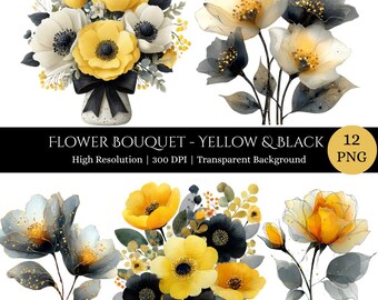 Yellow & Black Floral Clipart, Watercolor Flower Bouquet PNG, Printable Dark Colored Flowers Digital Download, Commercial License