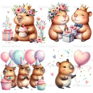 Kawaii Capybara Birthday Clipart Bundle Watercolor Cute Animal Party Illustrations Printable Capybara Celebration Decor Commercial License image 2