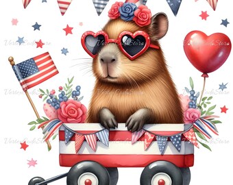 Transparent Capybara 4th of July Clipart Independence Day Baby Animal PNG Image Digital Download Watercolor Patriotic Animal Illustration