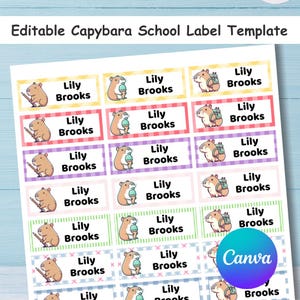 Capybara School Labels: Editable Name Tags, Printable Stickers (Digital Download, 54 Tags Included)