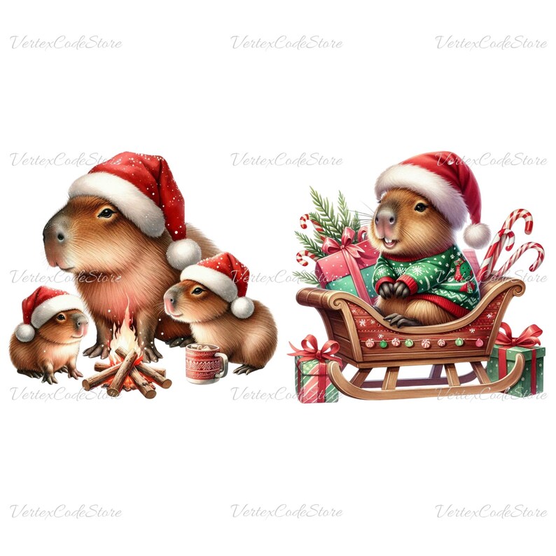May include: A digital illustration of capybaras in Santa hats, celebrating Christmas. One capybara is in a sleigh with gifts and candy canes. Others are gathered around a small fire with a mug. The image has a festive, holiday theme.