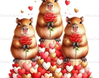 Niedlicher Capybara Valentinstag Clipart Aquarell Kawaii Capybaras Halten Rose Lustig PNG Valentinstag Tier Sublimation