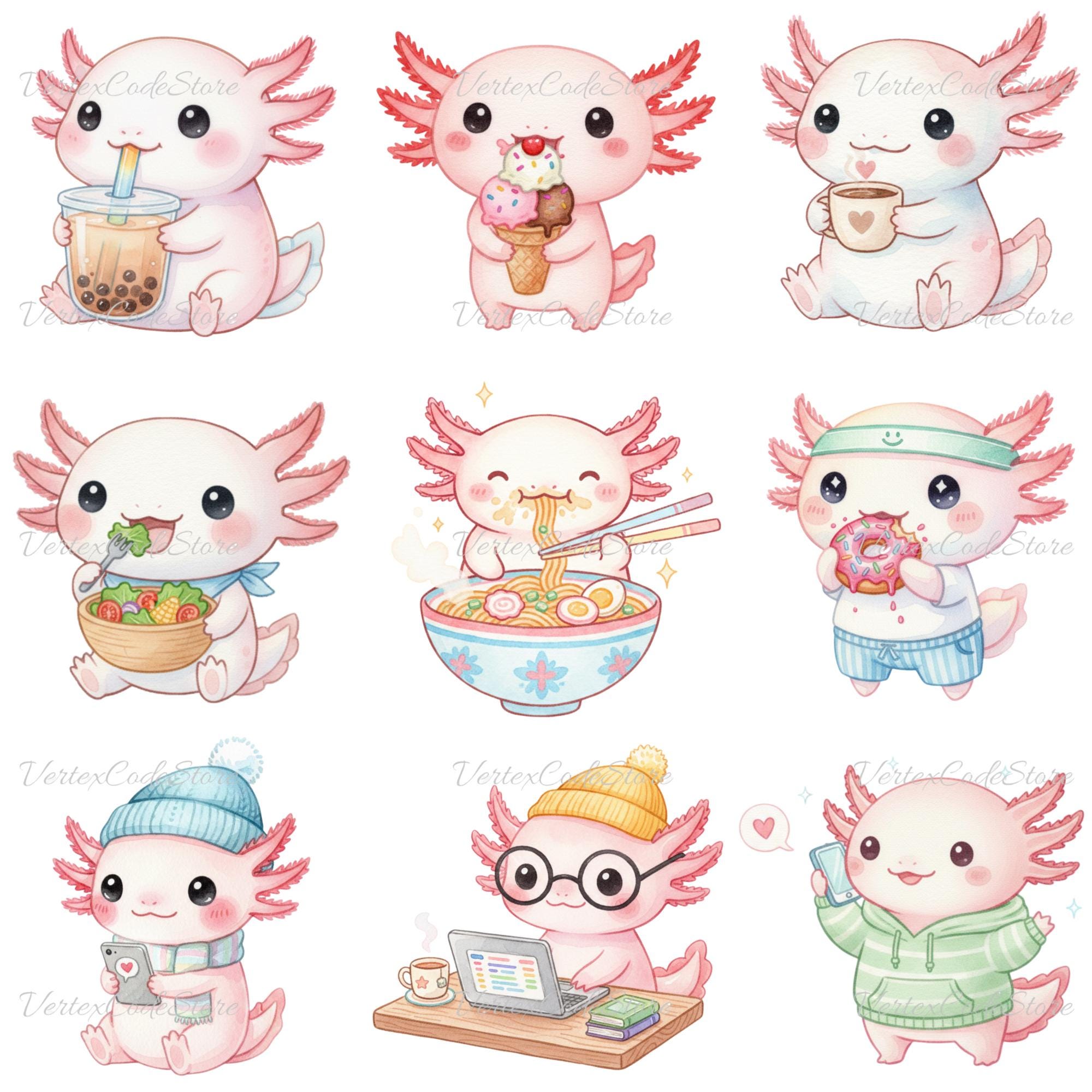 Watercolor Cute Axolotl Clipart Bundle, Kawaii Animal PNG Daily ...