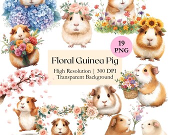 Floral Guinea Pig Clipart Bundle, Watercolor Animal with Flowers PNG, Printable Cute Spring Small Animal Illustrations, Commercial License