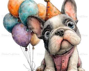 French Bulldog Birthday Clipart, Watercolor Party Animal PNG, Whimsical Dog Celebration Graphic, Printable Pet Illustration, Commercial Use